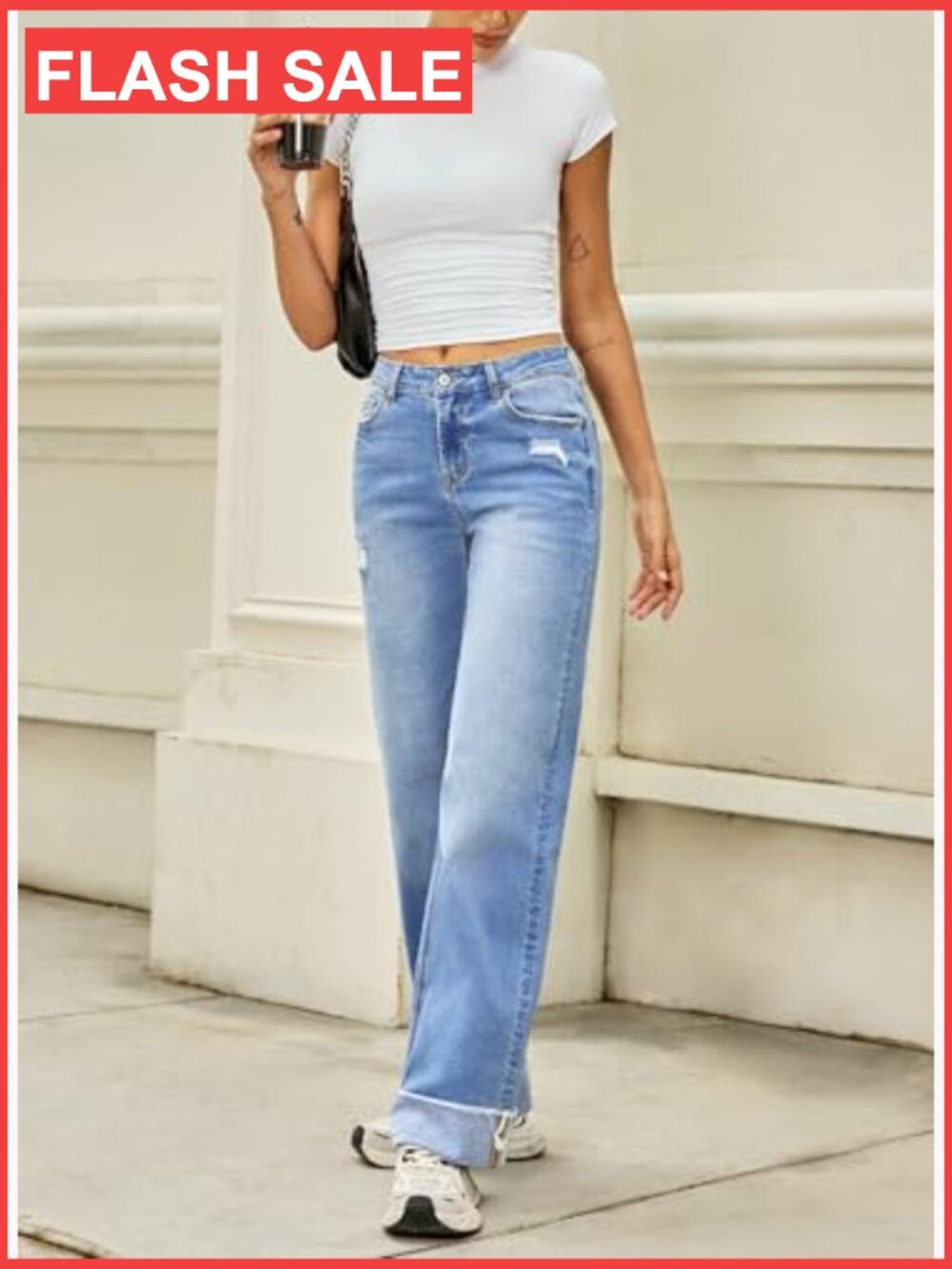 High Waisted Wide Leg Jeans with Distressed Details and Folded Hem - Picture 4 of 7